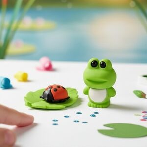 (Lot Of 2) 3D Puzzle 1" Miniature Multi-Color Erasers Figural Frog And Lady Bug.